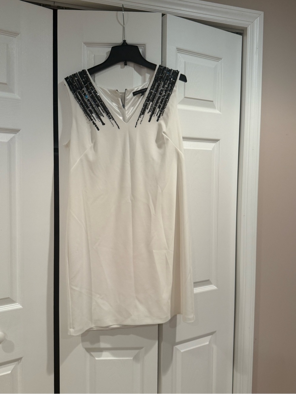White House Black Market Ivory Mini Dress with Black Beaded Shoulders